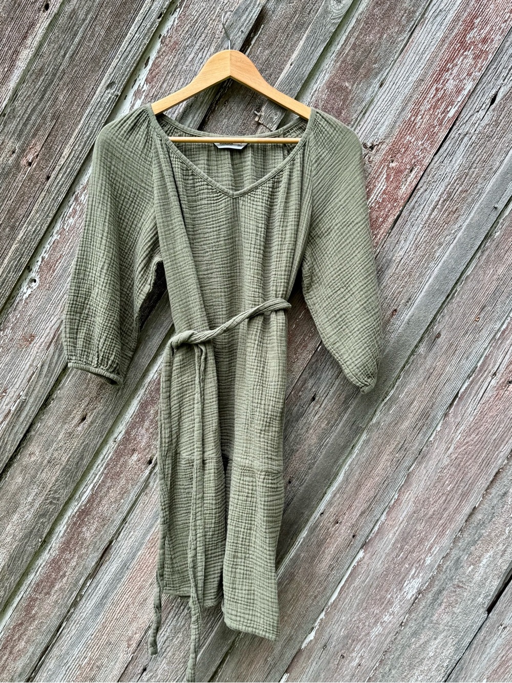 Sonoma 100% Cotton Gauze Olive Midi Dress Tie Waist Pockets Cottagecore M
